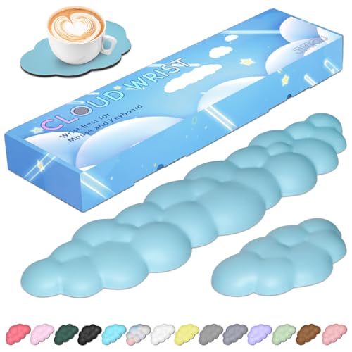 JIKIOU Upgrade Leather Cloud Wrist Rest for Keyboard and Mouse & Cup Pad | Wish Gift-Cute Cloud Shape, Comfortable and don’t Irritate to Skin, Non-Slip PU Base,Soft Memory Foam filled for Pain Relief - color: 11blue