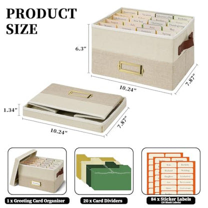 Vienrose Greeting Card Organizer Box with 20 Removable Dividers, 84 Labels, Foldable Storage Box Great for Greeting Cards, Photos, Envelopes, Stickers, Postcards, Beige&Khaki - color: Beige&Khaki