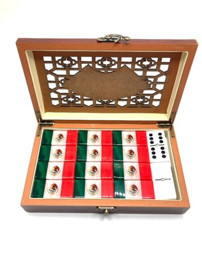 Mexico flag Dominoes Premium Edition Mexican Dominoes Set Deluxe – Double Six Domino Adult Tiles with Mexican Flag Design – Resin & Clear Top Acrylic – Classic Artisan Wooden Storage Case Included