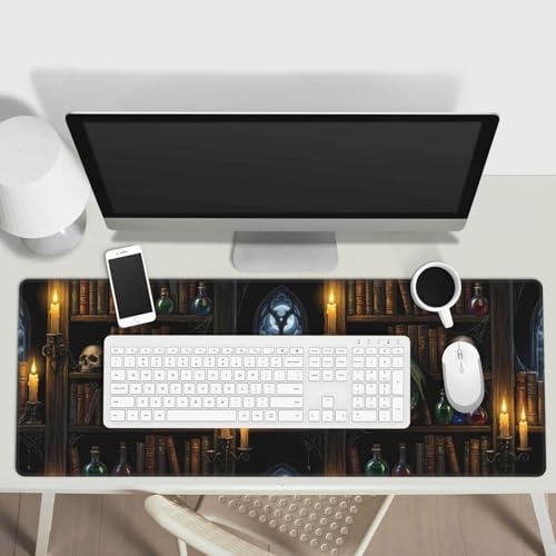 Wizard Library Large Gaming Mouse Pad 31.5 x 11.8 in Gothic Dragon & Magic Potions Desk Mat - Extended Non-Slip Rubber Base with Stitched Edges for Office & Home - color: 19