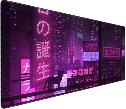 Professional Extended Gaming Mouse Pad - 31.5" x 15.7" Large Desk Mat with Stitched Edges, Waterproof Coating Non-Slip Rubber Base for Gamers Esports Pros Office Home, Cybercat - color: Cybercat, size: 31.4L x 15.7W inches