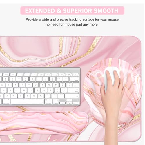 4-in-1 Gaming Mouse Pad Wrist Support Set，Desk Pad + Mouse Pad with Wrist Rest + Keyboard Wrist Rest + Coaster, Ergonomic Design for Home Office Study Game - Pink Fluid - color: 4 Pcs Pink Marble
