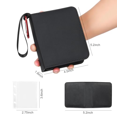 GEAoffice Small 1 Pocket Mini Trading Card Binder Holds 80 Cards, Black | Lightweight, 40 Removable Acid-free & Non-PVC Sleeves, Premium PU Leather, Zip Close Card Binder for TCG, MTG, Sports&Games - color: Black-Dia