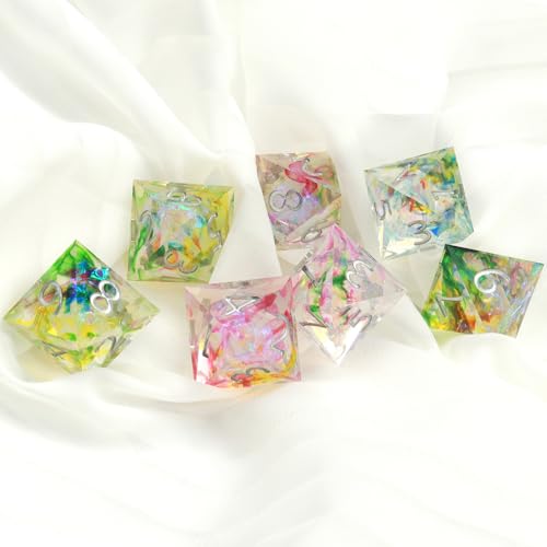 Haxtec Galaxy DND Dice Set Sharp Edge Resin Polyhedral Dice, Holographic Style D&D Dice with Metal Case, Handmade Irridescent Mylar Inside Dice Set for Dungeons and Dragons TTRPG, DND Gift - color: Rainbow