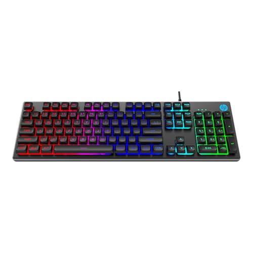 HP K500F Backlit Membrane Wired Gaming Keyboard with Mixed Color Lighting, Metal Panel with Logo Lighting, 26 Anti-Ghosting Keys,