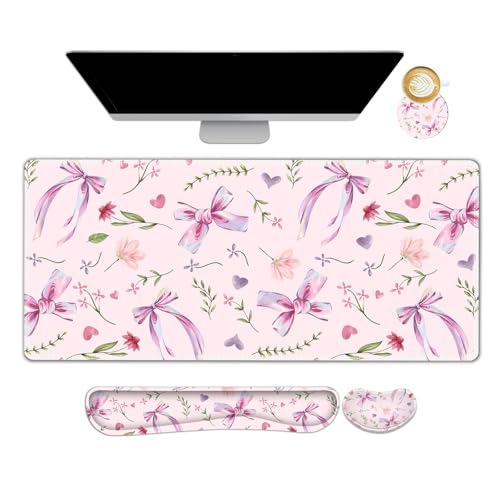 ARTSO Wrist Rest Support for Keyboard Mouse Pad Set, Light Pink Bows Flower Large Mousepad Keyboard Mat, Ergonomic Mousepad with Memory Foam for Home Office - color: Light Pink Bows Flower