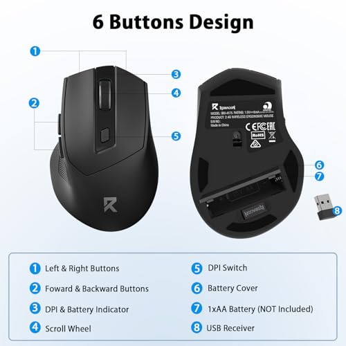 Redragon Ergonomic 2.4G Wireless Mouse for Laptop and Chromebook | Up to 24-month battery life, 5 DPI levels up to 4000, 6 buttons, auto sleep, plug-and-play, anti-sweat grip, 12-mo warranty