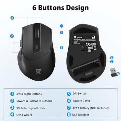 Redragon Ergonomic 2.4G Wireless Mouse for Laptop and Chromebook | Up to 24-month battery life, 5 DPI levels up to 4000, 6 buttons, auto sleep, plug-and-play, anti-sweat grip, 12-mo warranty