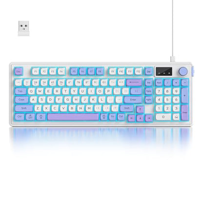 Fogruaden 96% Quiet Silent Wireless Gaming Keyboard with Number Pad & Knob, Mechanical Feel, Spill-Resistant, Multimedia Keys, Wired/BT/2.4G, USB Rechargeable Membrane Computer Keyboard for Win/Mac - color: WhitePurple
