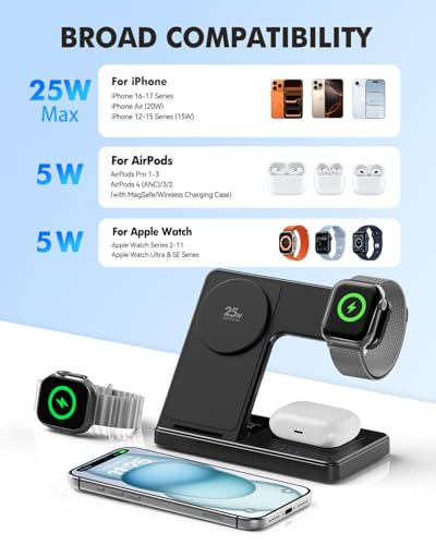 25W MagSafe Charging Station, 3-in-1 Magnetic Wireless Charger Stand | Foldable Phone and Watch Charger for Apple Multiple Devices-iPhone Air 17 16 15 14 13 12 Pro Max, Watch and AirPods-Black