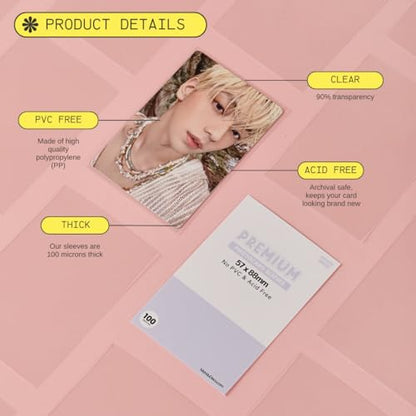 Kpop Photocard Sleeves Clear Polypropylene Card Protector for Albums Photocards, PVC Free and Acid Free, 100 Sleeves per Pack (57x88mm)