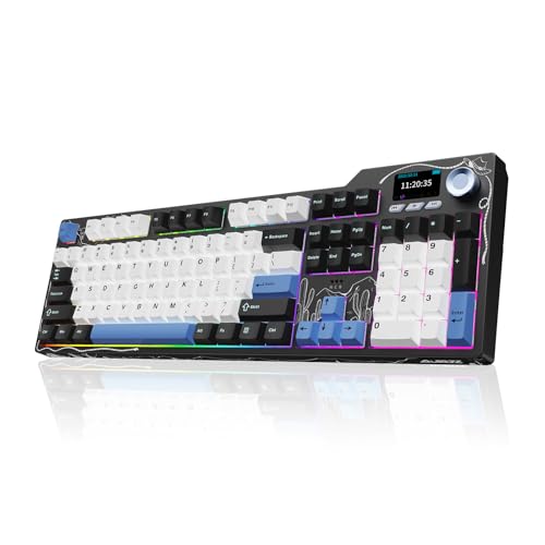 Ajazz AK35I V4 Full Size Wireless Mechanical Keyboard with 1.14" Color Screen & Knob, Tri-Mode Gasket Hot Swappable Gaming Keyboard, 10000mAh Battery, RGB, Black White Blue - color: V4 Black White Blue