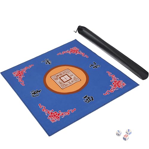 Mahjong Mat with 3 Dice & Carrying Bag, Anti Slip and Noise Reduction Mahjong Table Mat for Poker, Card, Board & Tile Games (Blue, 31.5 inches,Thick：0.1"/2mm) - color: Blue