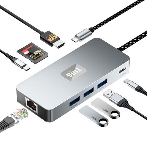 USB C Hub, 9 in 1 USB C to 4K@60HZ HDMI Multiport Adapter, RJ45 Gigabit Ethernet, 3 USB 3.0 Ports, SD/TF Card Reader, PD 100W, Desigend for MacBook Pro Air HP XPS and Other Type C Devices - style: 9 in 1