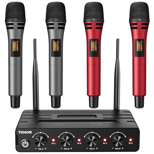 TONOR Wireless Microphones System with 4x10 Channels Cordless Handheld Microfono Inalambrico, UHF Mics with Stable Signal Transmission for Karaoke Singing Party Church Wedding 60 m/200ft Red - style: 4 Handheld Mics Grey&Red