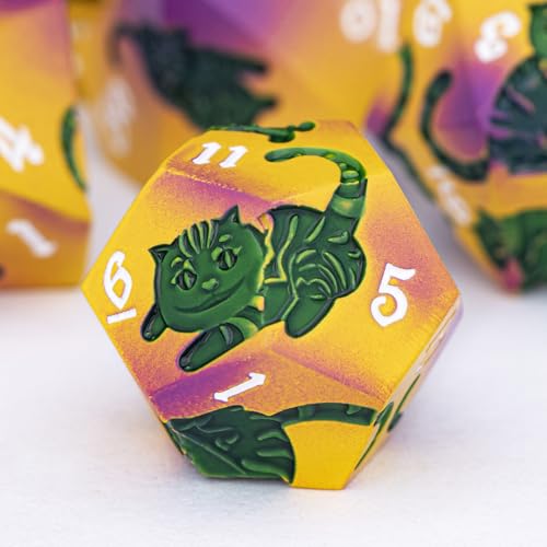 Metal DND Cat Dice 7PCS Polyhedral RPG Dice Set with Gift Case for Dungeons Dragons Role Playing Game, D and D Dice D6 D8 D10 D12 D20 D% (Yellow Green) - color: Cat-red Yellow&green