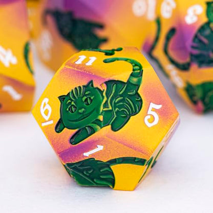 Metal DND Cat Dice 7PCS Polyhedral RPG Dice Set with Gift Case for Dungeons Dragons Role Playing Game, D and D Dice D6 D8 D10 D12 D20 D% (Yellow Green) - color: Cat-red Yellow&green