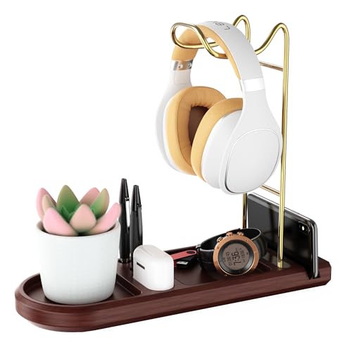 Wooden Headphone Stand for Desk, Gold Headset Holder with Tray | Unique Head Phone Holder, Controller And Headset Stand for Airpod Max And More, Desktop Headphone Hanger for Gaming, Office