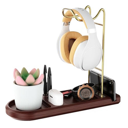 Wooden Headphone Stand for Desk, Gold Headset Holder with Tray | Unique Head Phone Holder, Controller And Headset Stand for Airpod Max And More, Desktop Headphone Hanger for Gaming, Office