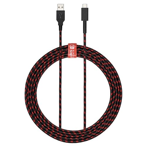 PDP Gaming Charge Cable Licensed for Nintendo Switch 8 ft USB-C | 8-Foot Charging Cable, Durable Braided Design, Cable Management Tie Strap, Charge & Sync Compatibility, Black/Red