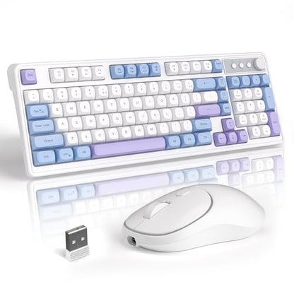 MageGee Wireless Gaming Keyboard and Mouse Combo V560, RGB Backlit Rechargeable Mechanical Feel 2.4GHz Quiet Blue White Purple Keyboard Mouse for Mac Laptop PC Gamer - color: Blue White Purple
