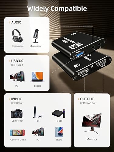 HDMI Capture Card, USB 3.0 1080P 60FPS Video Capture Card with HDMI Loop-Out & Mic Input, Low Latency Game Capture for Streaming, Compatible with PS5/PS4/Xbox/Switch/Camera, OBS Windows Mac - color: black