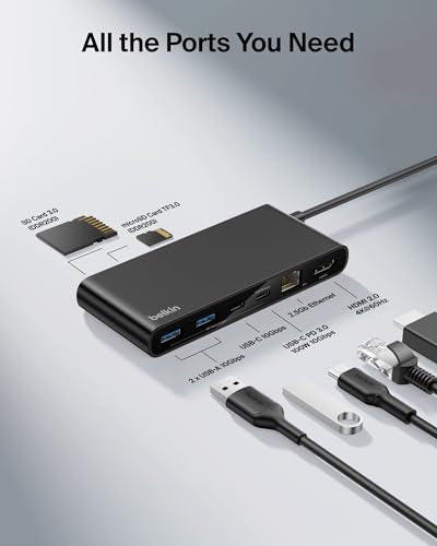 Belkin Connect 8-Port USB C Hub, Supports Display w/Resolutions up to 4K@60Hz - Works with Neo MacBook, Windows, Chromebook, & More - 100W PD w/ 10Gbps Data Transfer Speeds & 2.5Gbps Ethernet - Black - style: 8-in-1 USB-C Hub