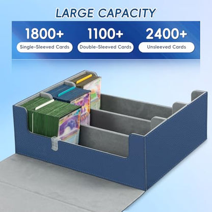 CLOKORIA Card Storage Box for Trading Cards,1800+ PU Leather Commander Card Deck Case with 12 Dividers and 3 Supporters,Magnetic Closure Card Holder Fits YuGiOh,MTG and Sport Cards(Blue, 3-Row)