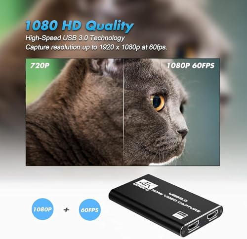 Video Capture Card, 4K HDMI Video Capture, USB 3.0 Game Capture Card, Video Capture Device Full HD 1080p 60FPS for Live Streaming, Work with PS4/PS5/Xbox/PC/Mac Linux Android Windows 10/11 - color: black
