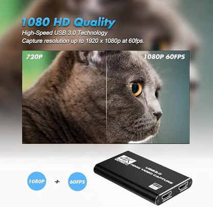 Video Capture Card, 4K HDMI Video Capture, USB 3.0 Game Capture Card, Video Capture Device Full HD 1080p 60FPS for Live Streaming, Work with PS4/PS5/Xbox/PC/Mac Linux Android Windows 10/11 - color: black