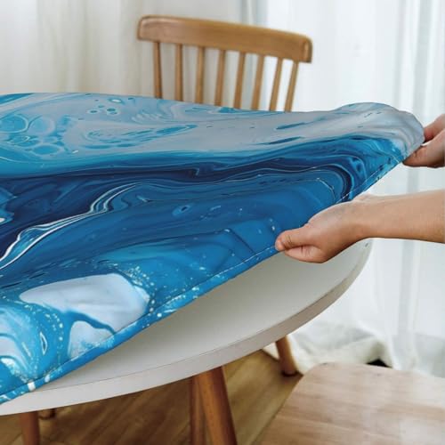Famame Abstract Blue Marble Fitted Round Tablecloth Waterproof Table Cloth with Elastic Edge Wipe Clean Table Covers for Indoor Outdoor Fits 45"-50", Medium - color: Abstract Blue Marble
