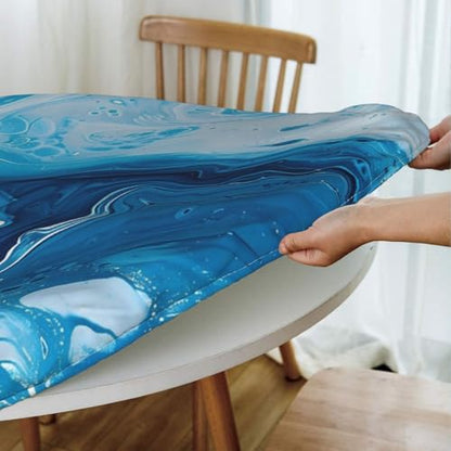 Famame Abstract Blue Marble Fitted Round Tablecloth Waterproof Table Cloth with Elastic Edge Wipe Clean Table Covers for Indoor Outdoor Fits 45"-50", Medium - color: Abstract Blue Marble