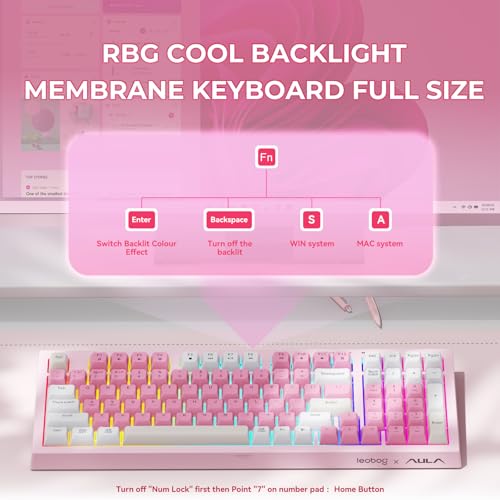 LEOBOG x Aula Pink Keyboard Wireless Creamy Computer Gaming Keyboards | Silent Membrane Keyboard, 98 Keys 2000mAh Quiet Creamy Keyboard with Number Pad, Rechargeable, for PC Mac Office Dorm Rooms - color: Pink