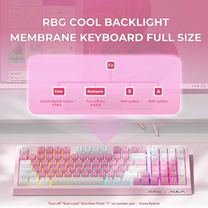 LEOBOG x Aula Pink Keyboard Wireless Creamy Computer Gaming Keyboards | Silent Membrane Keyboard, 98 Keys 2000mAh Quiet Creamy Keyboard with Number Pad, Rechargeable, for PC Mac Office Dorm Rooms - color: Pink