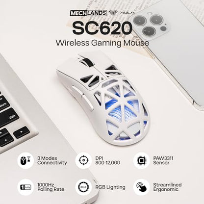MechLands Aula SC620 Gaming Mouse, 2.4G/USB-C/BT Wireless Mouse with 400mAh Battery, Adjustable 12,000 DPI & 1000 Polling Rate, PAW3311 Sensor, RGB Lighting, Programmable Buttons, for Win/Mac (White) - color: White
