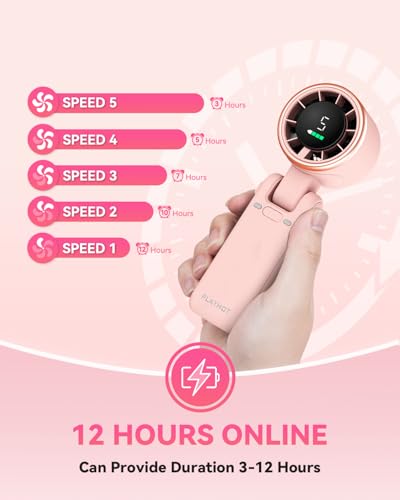 PlayHot Portable Handheld Turbo Fan, Travel Essentials, Gifts for Women/Men | 5-Speed, Up to 12H, 10m/s Airflow, USB-C Rechargeable, LED Display, 3-in-1 Foldable Personal Fan for Cruise, Beach, Vacation - color: Pink