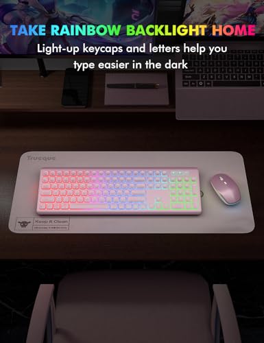 Wireless Keyboard and Mouse Combo, RGB Backlit, Trueque KM42Pro | RGB Rainbow Backlit, Rechargeable Keyboard Mouse, Sleep Mode, 2.4GHz Wireless, Silent Soft Typing, USB-C Adapter - color: Rose Pink