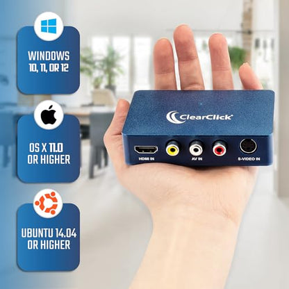 ClearClick Video to USB 1080P Audio Video Capture & Live Streaming Device - Input HDMI, AV, RCA, S-Video, VCR, VHS, Camcorder, Video8, Hi8, DVD, Gaming Systems - USB-C Plug & Play