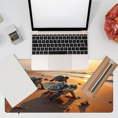 Large Gaming Mouse Pad for Desk, Baby Turtles On Beach Desk Mat, Cute Sea Turtle Desk Pad, 31.5"x15.7" Extended Big Computer Keyboard Mouse Pad with Non-Slip Base and Stitched Edge - color: Baby Turtles on Beach