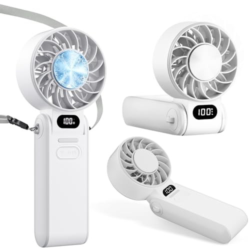 Portable Handheld Turbo Fan With Ice Cooling, 3-IN-1 Rechargeable Mini Personal Handheld Fans 180° Adjustable, 5 Speed Wind, Digital Display for Travel, Outdoor Games, Working (White) - color: White