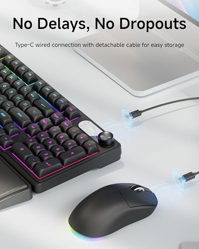 EWEADN Wired Keyboard and Mouse Combo with Detachable Wrist Rest, Quiet Ergonomic Keyboard Mouse Set with Multimedia Knob, RGB Backlit, Double-Shot Keycaps Natural Typing for Laptop, PC - Black - color: Black