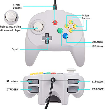 KIWITATA N64 Mini USB Controller, Retro N64 Wired 64-bit PC Remote Upgraded Joystick Game Pad Controller for Windows PC MAC Linux Raspberry Pi Grey