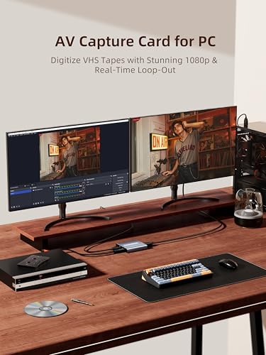 VHS to Digital Capture Card – USB Video Capture Card with HDMI Loop Out, RCA AV to USB for VCR/DVD/Hi8/PS2/Wii, 1080P 30fps Analog to Digital Converter, Effortless Record & Preview Old Videos on TV/PC