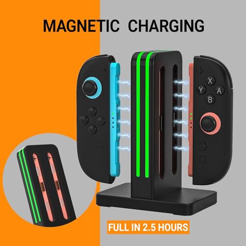 Nintendo Switch 2 Controller Charger, 4-Slot Magnetic Dock, LED Indicators | For Nintendo Switch 2 controllers only, not original Switch; four magnetic slots charge together with clear LED status lights