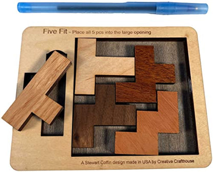 Creative Crafthouse Five Fit Small Stewart Coffin Wood Packing Puzzle, Hard | Slot every piece into one tray for a deceptively tough solve. A desk display and gift for serious solvers, made in USA - style: Five Fit