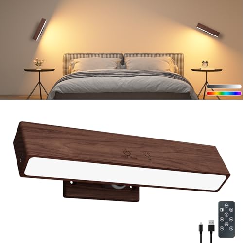 Rechargeable Wood Wall Sconce with Remote & Touch, 5200mAh Battery Operated Wall Lights 3 Color Temperatures & RGB. Magnetic, Stick-On, Dimmable Wall Reading Lamp for Bedroom, Living Room, Picture - color: Walnut Wood, size: 1 Pack