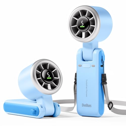 Diveblues Portable Handheld Turbo Fan, 5 Gear Wind, Battery Operated, Up to 12 Working Hours, 3 IN 1 Hand Fan with Air Turbo Tech Cooling Fan for Outdoor Activities, Travel, Working - color: Light blue