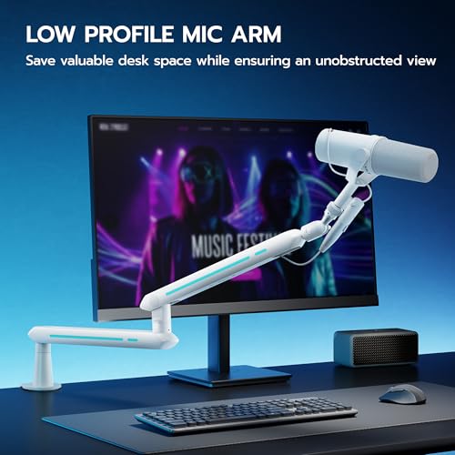 ARES WING Aluminum Low Profile Mic Arm with 4.4 lbs Load Capacity, Adjustable Microphone Boom Arm with 3/8” to 5/8” Screw Adapter, Desk Mount Mic Stand for Gaming Streaming Podcasting, White - color: White