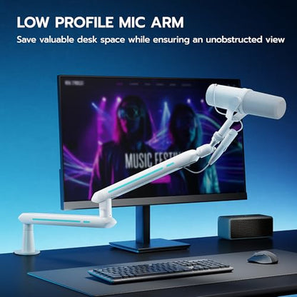 ARES WING Aluminum Low Profile Mic Arm with 4.4 lbs Load Capacity, Adjustable Microphone Boom Arm with 3/8” to 5/8” Screw Adapter, Desk Mount Mic Stand for Gaming Streaming Podcasting, White - color: White