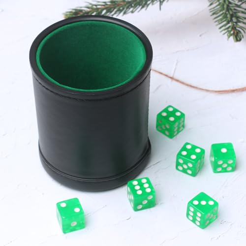 Faux Leather Dice Cup Set, Soft Velvet Interior Dice Cup Shaker Quiet with 6 Green Translucent Dice for Liars Dice/Farkle/Yahtzee Games, 1 Pack - color: Green#b